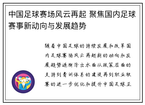 中国足球赛场风云再起 聚焦国内足球赛事新动向与发展趋势